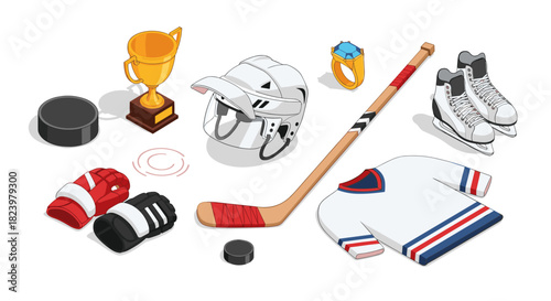 Ice hockey equipment and awards with trophy, helmet, puck, ring, and skates for sports design
