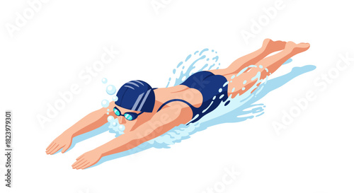 Swimming athlete in blue suit performing front crawl in water - illustration for sports and fitness design