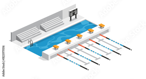 Isometric swimming pool illustration with lanes and diving boards for sports design