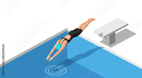 Isometric illustration of swimmer diving into a pool with ripples for sports or summer design