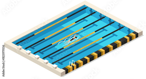 Isometric illustration of a swimming pool with a swimmer in lanes for sports and fitness design