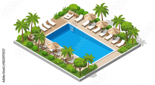 Isometric tropical resort swimming pool with loungers and palm trees for summer recreation design