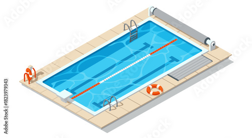 Isometric swimming pool design with lanes and safety equipment for fitness and recreation concepts