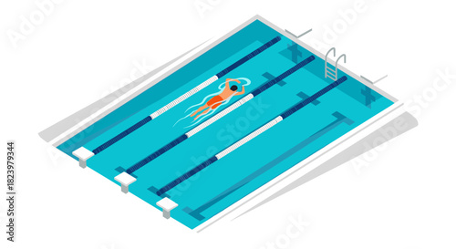 Isometric swimming pool with lanes and swimmer in action for sports design and fitness poster