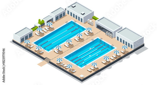 Isometric illustration of a modern outdoor swimming pool complex with lounge chairs and umbrellas