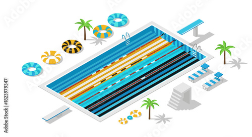 Isometric swimming pool scene with lanes and inflatable rings for summer beach design