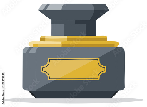 Antique stone inkwell with golden label, decorative desk accessory for writing, vintage container