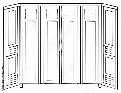 Opened Wooden Wardrobe with Shutters Outline Style Illustration