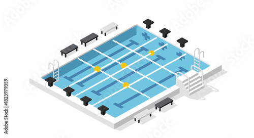 Isometric illustration of indoor swimming pool with lanes and benches for competitive training or recreational activities