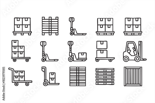 Warehouse pallet and forklift icon set for logistics and storage
