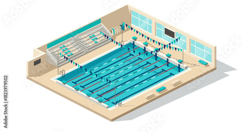 Isometric indoor swimming pool with lanes and spectator seating for athletic events and training