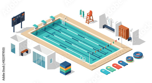 Isometric swimming pool scene with diving boards and lifeguard tower for fitness design projects