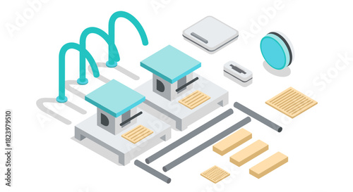 Isometric factory assembly line with automated machines and components for industrial production design
