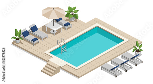 Isometric poolside relaxation scene with loungers and umbrella for summer design