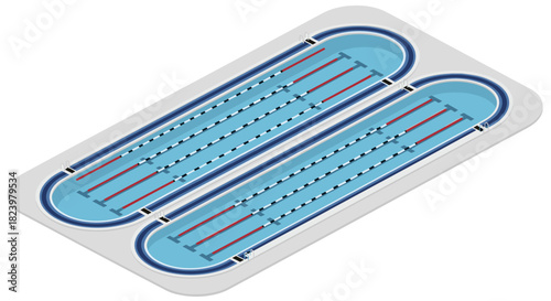 Isometric illustration of indoor swimming pool with lanes for competitive and recreational use