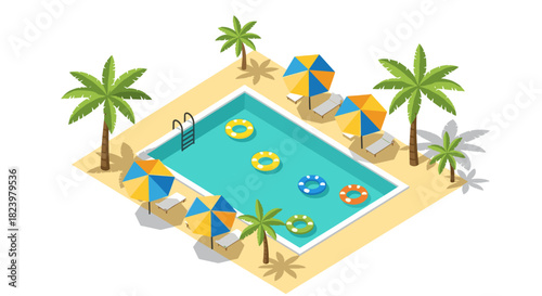 Isometric summer pool scene with palm trees and umbrellas for beach vacation design