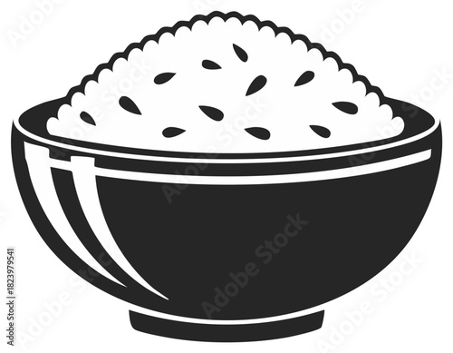 Stylized minimalist black and white icon of a serving of fluffy cooked white rice in a simple ceramic bowl depicting a staple food