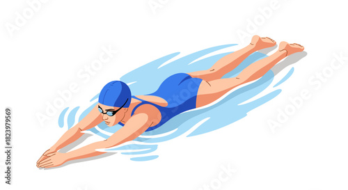 Competitive swimming athlete in blue swimwear gliding through water for sports design and athletic inspiration
