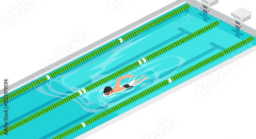 Swimming competition scene in olympic pool setting for sports design and promotion