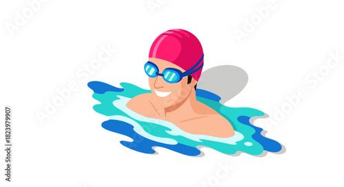 Swimming athlete with goggles and cap on water background for sports design