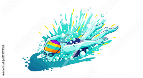 Dynamic swimming illustration with colorful swim cap and water splashes for fitness and sports design