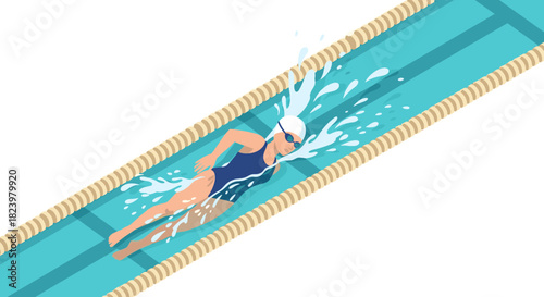Competitive swimming athlete in pool lane mid-stroke illustration for sports design