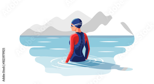 Swimmer in red and blue suit standing in calm mountain lake for adventure and outdoor sports illustration