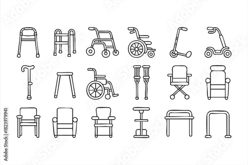 Medical mobility aid icon set for disability and rehabilitation design