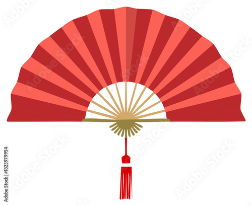 Elegant Red Striped Traditional Asian Folding Fan Vector Illustration