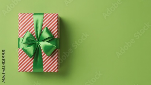 Overhead view of a red and white striped gift box with a green bow