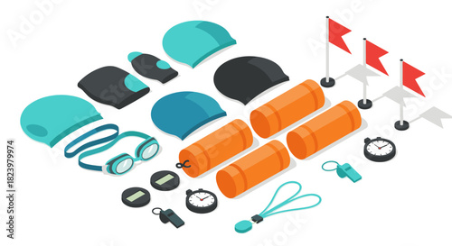 Swimming gear and accessories set with caps, buoys, flags, and timers for training and competitions