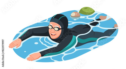 Elderly woman swimming in pool - active lifestyle and fitness concept