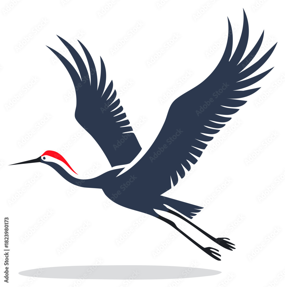 Naklejka premium Stylized crane soars in flight with open wings, capturing a sense of freedom and wildlife migration in a simple vector design