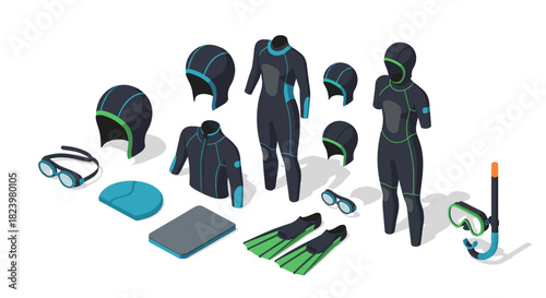 Comprehensive dive gear set featuring wetsuits, snorkels, masks, flippers, and neoprene accessories for underwater exploration and water sports