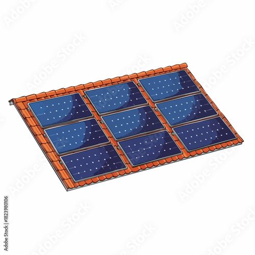 Solar panels installed on roof with red tiling providing clean energy. Solar panels capture sun light, creating energy for residential home.