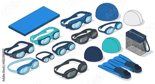 Swimming gear collection featuring goggles, caps, and fins in blue variations for water sports and training