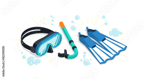Scuba diving equipment illustration with mask, snorkel, and fins for summer adventure and water activities