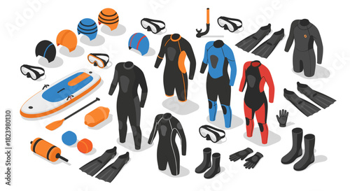 Isometric water sports equipment collection with wetsuits and accessories for surfing and diving adventures