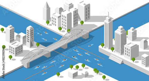 Isometric city scene with bridges and river: urban architecture and boat race design for posters or cards