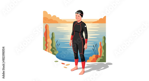 Open water swimming enthusiast in wetsuit by scenic lake illustration