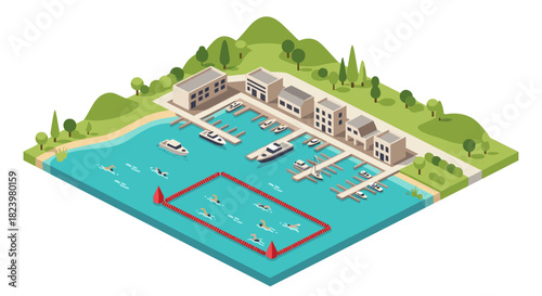 Coastal marina isometric illustration showing boat docks and swimming area in tranquil natural setting