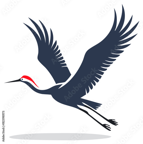 Stylized crane soars in flight with open wings, capturing a sense of freedom and wildlife migration in a simple vector design