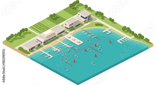 Isometric beach marina with boats and modern buildings for summer vacation design