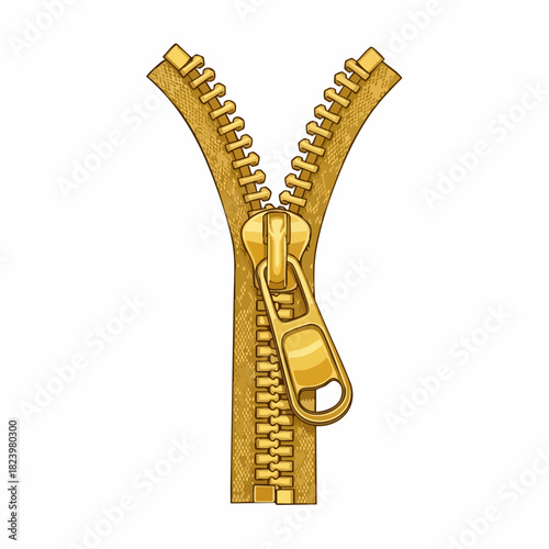 Isolated zipper, opened zipper with golden teeth and puller on white background. The isolated zipper has a metallic sheen and is a fashion accessory. Isolated zipper for clothing design.