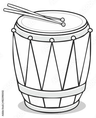Cartoon drum and drumsticks illustration simple black and white line art graphic