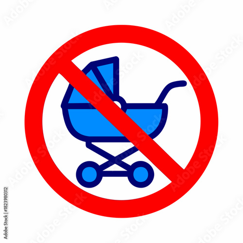 No stroller forbidden sign depicted in flat style, emphasizing restriction of baby carriage. Restriction of baby carriage symbol illustrates areas unsuitable for prams, emphasizing safety.
