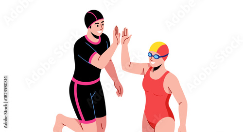 Swimmers celebrating team spirit with high five in colorful swimwear