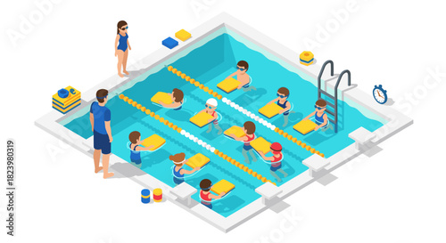 Isometric children's swimming lesson in pool with instructor and kids practicing water safety