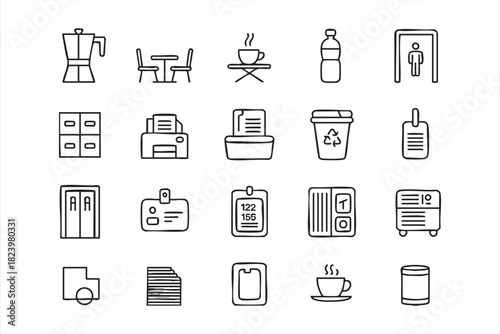 Minimal workplace symbol pack with coffee, recycling and seating