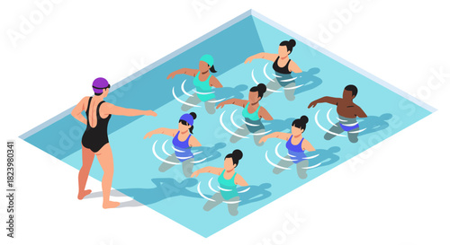 Isometric aquatic fitness class illustration for health and wellness promotion